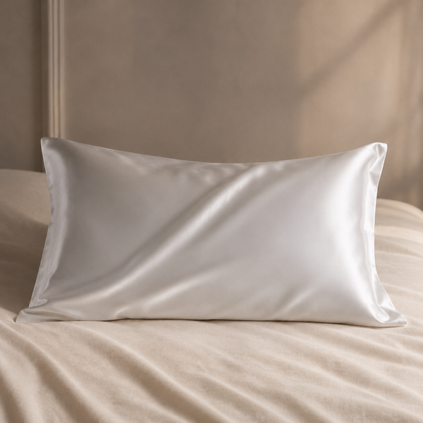 Taie d'oreiller en soie blanche sur un lit en lin crème