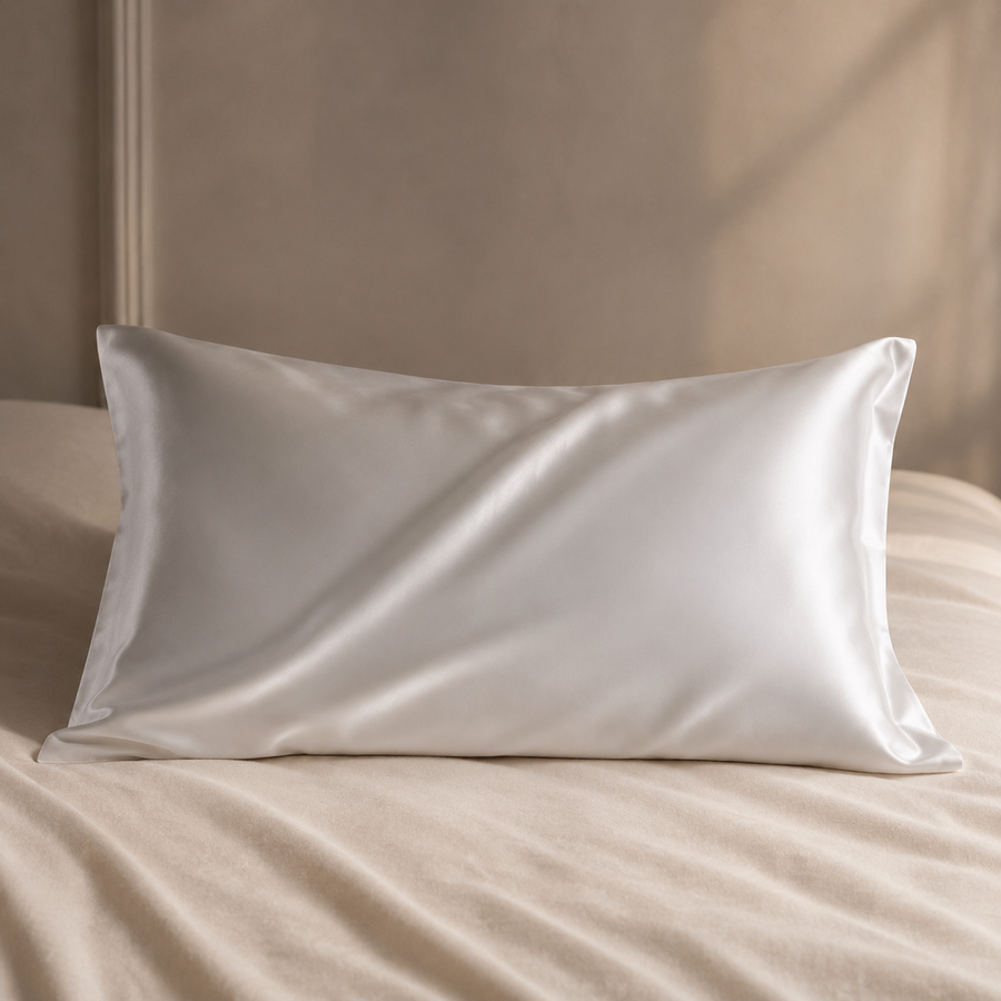 Taie d'oreiller en soie blanche sur un lit en lin crème