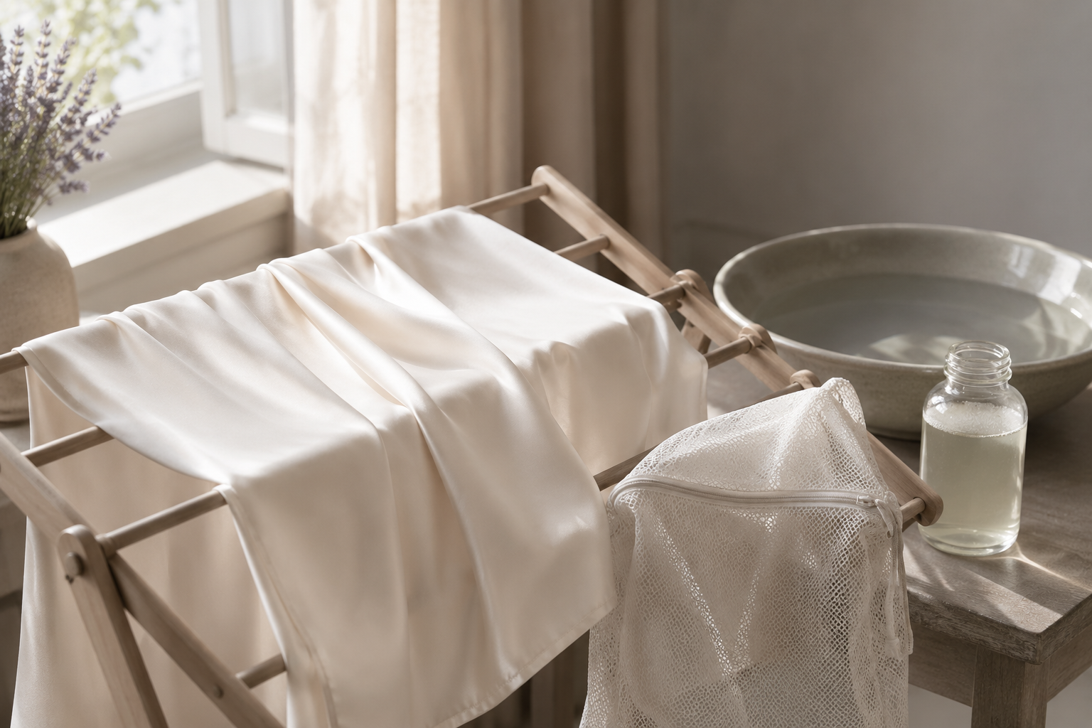 Une taie en soie ivoire qui sèche à plat, à l'ombre, près d'un filet de lavage