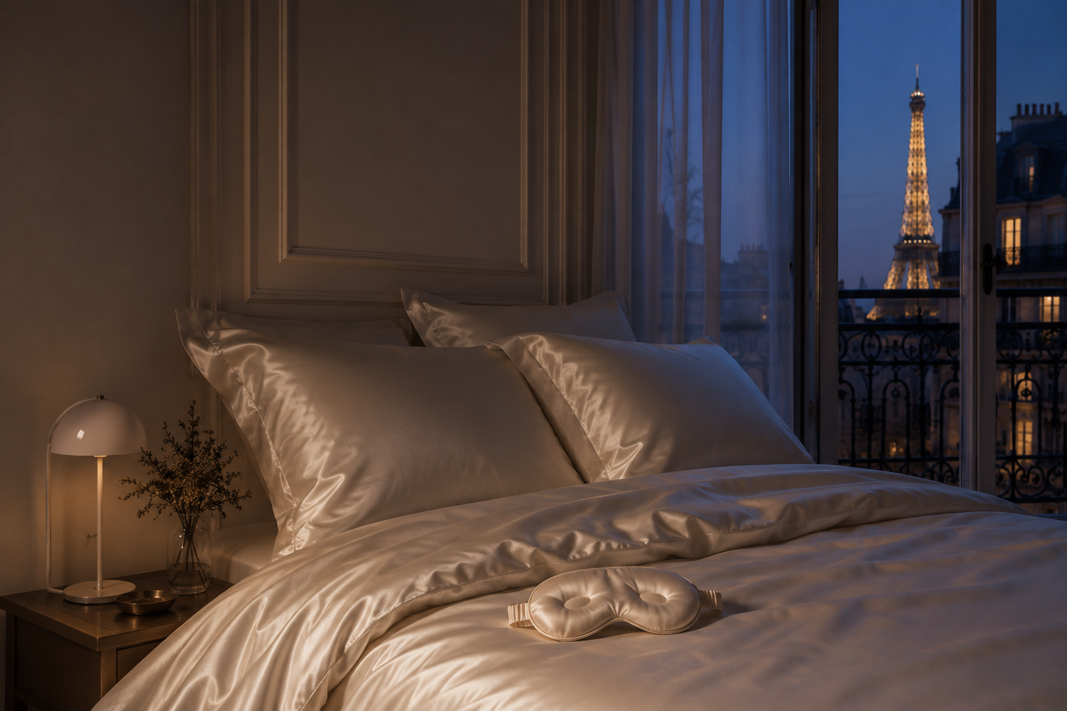 Une chambre calme à la tombée de la nuit, un lit aux taies de soie crème